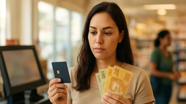 Pessoa no caixa da loja pensando, com cartão numa mão e dinheiro na outra