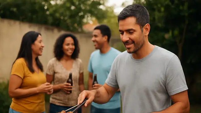 Churrasco de família no quintal, espetos na grelha e amigos conversando