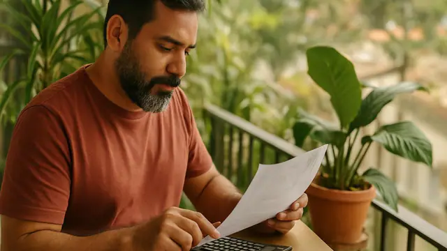 Homem de barba, de uns quarenta anos conferindo o contracheque com uma calculadora