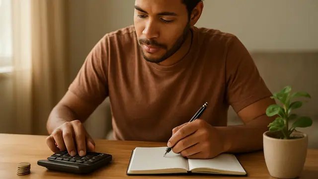 Jovem pardo planejando o orçamento com calculadora, moedas e caderno