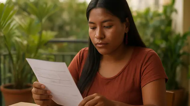 Jovem indígena conferindo o contracheque com uma calculadora