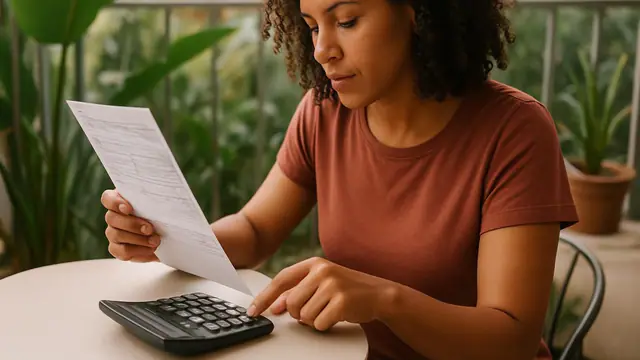 Mulher de cabelos cacheados conferindo o contracheque com uma calculadora