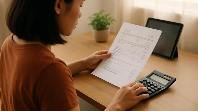 Estudante universitário de ascendência japonesa conferindo o contracheque com uma calculadora