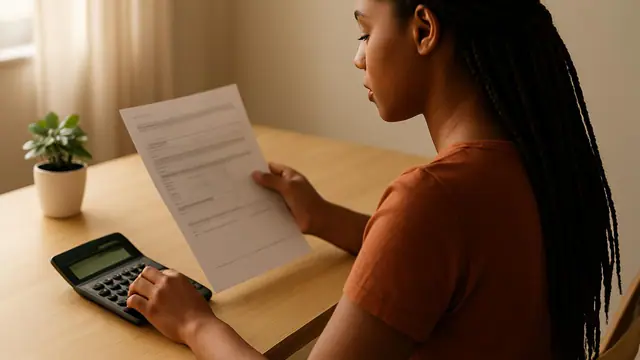 Jovem negra de tranças conferindo o contracheque com uma calculadora