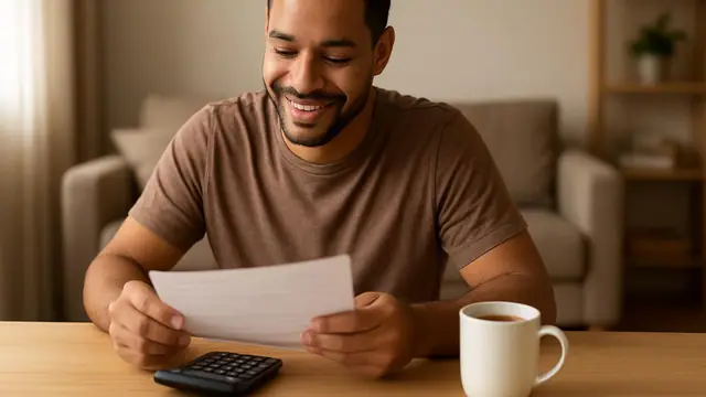 Trabalhador conferindo o contracheque com calculadora e café