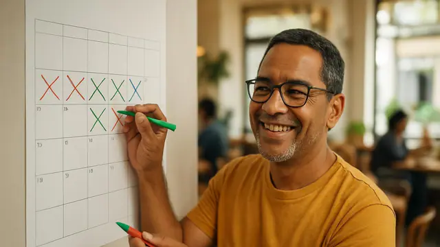 Homem de óculos, de uns cinquenta anos marcando folgas num calendário de parede