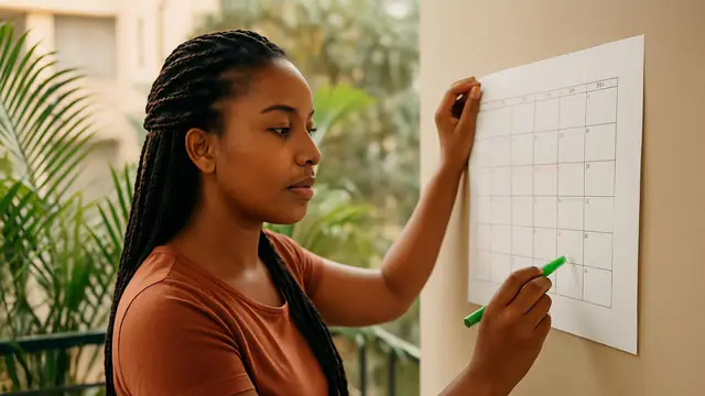 Jovem negra de tranças marcando folgas num calendário de parede