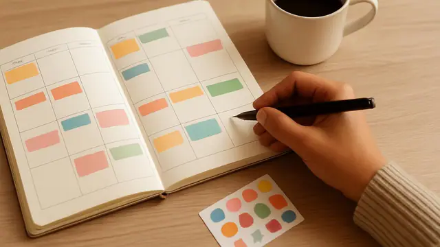 Planejador semanal colorido sendo preenchido à mão