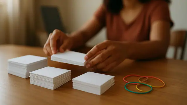 Mãos separando cartões de estudo em pilhas sobre a mesa