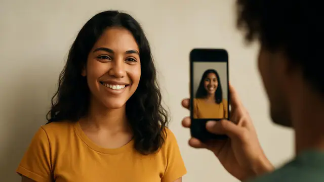 Jovem sorrindo diante de uma parede lisa enquanto uma amiga tira a foto com o celular