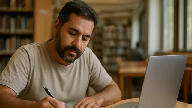 Homem de barba, de uns quarenta anos preenchendo um formulário em papel ao lado do notebook