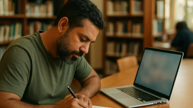 Homem de barba, de uns quarenta anos preenchendo um formulário em papel ao lado do notebook