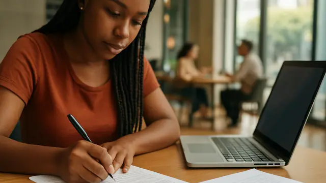 Jovem negra de tranças preenchendo um formulário em papel ao lado do notebook