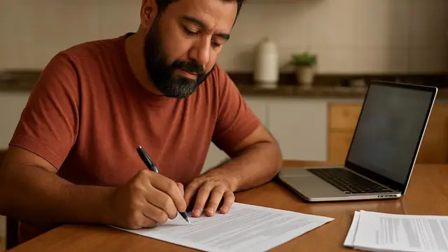 Homem de barba, de uns quarenta anos preenchendo um formulário em papel ao lado do notebook