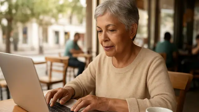 Senhora de cabelos grisalhos preparando documentos no notebook com uma folha impressa ao lado