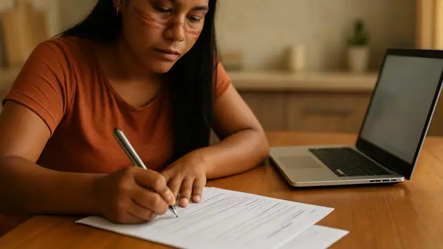 Jovem indígena preenchendo um formulário em papel ao lado do notebook