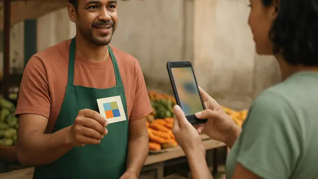 Feirante mostrando um cartão para o cliente pagar com o celular