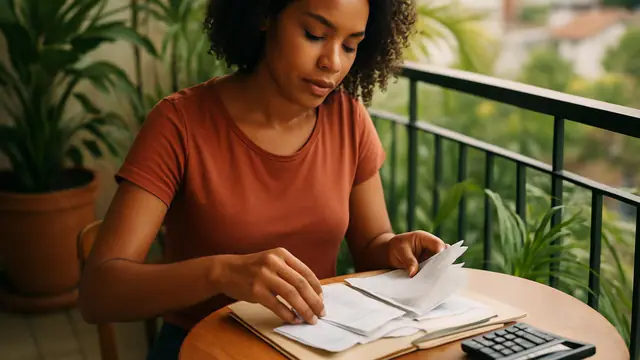 Mulher de cabelos cacheados organizando recibos e notas numa pasta, com calculadora