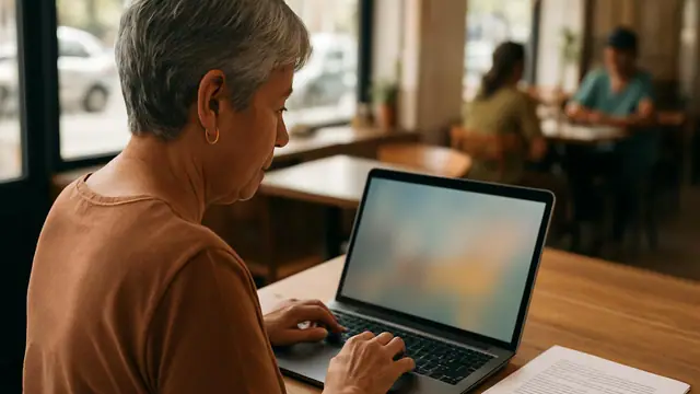 Senhora de cabelos grisalhos preparando documentos no notebook com uma folha impressa ao lado