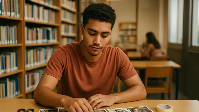 Jovem pardo montando uma colagem com fotos impressas