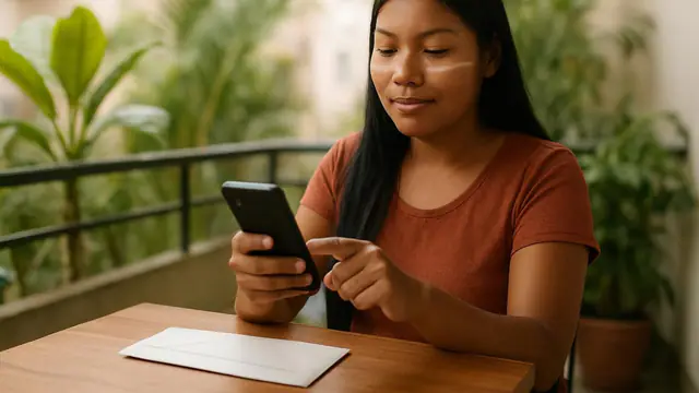 Jovem indígena pagando uma conta pelo celular