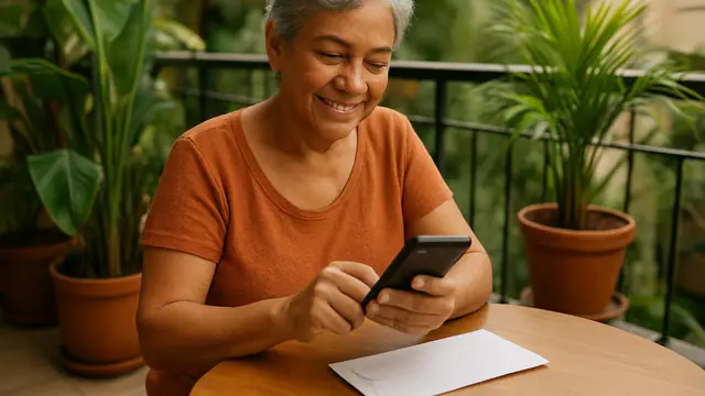 Senhora de cabelos grisalhos pagando uma conta pelo celular