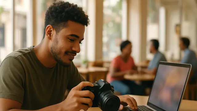 Jovem pardo passando fotos da câmera para o notebook
