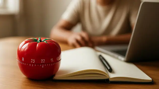 Timer de cozinha em forma de tomate ao lado do caderno e do notebook