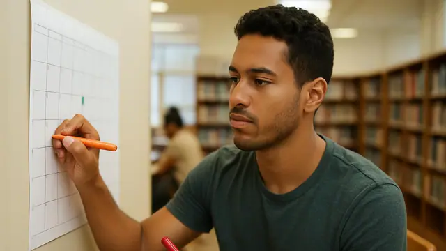 Jovem pardo marcando folgas num calendário de parede