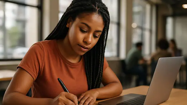Jovem negra de tranças assinando um documento, com cadeado e notebook na mesa
