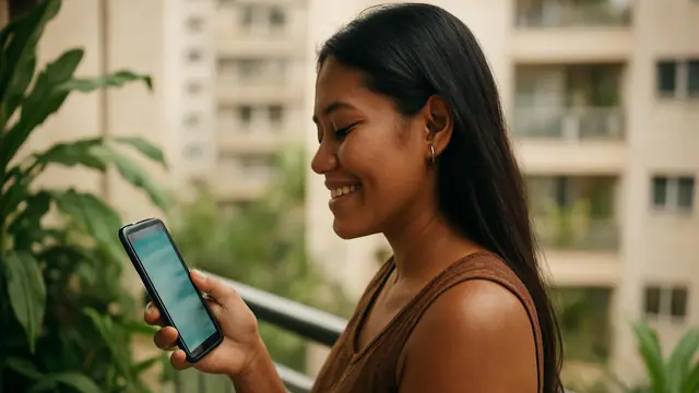Jovem indígena conferindo o saldo no celular com um sorriso aliviado