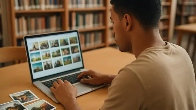 Jovem pardo escolhendo fotos no notebook para compartilhar