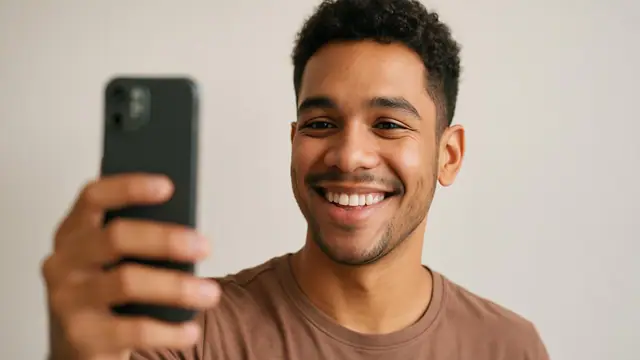 Jovem pardo sorrindo para uma foto de retrato tirada com o celular