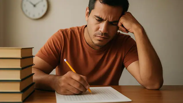 Pessoa determinada estudando para concurso, com livros empilhados, folha de respostas e relógio