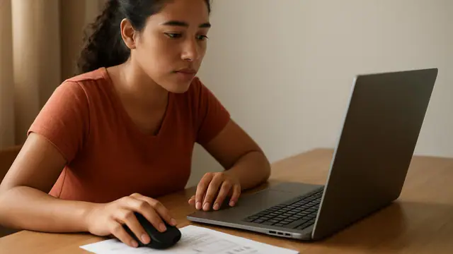 Candidato estudando informática com notebook, apostila e mouse