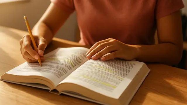 Estudante com livro de gramática grifado e lápis numa mesa iluminada