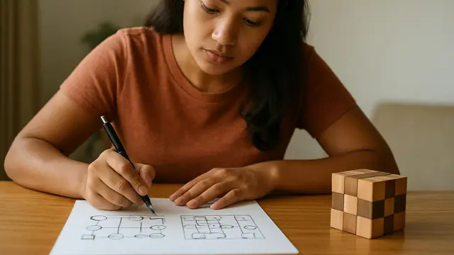 Estudante resolvendo questões de lógica no papel, com um cubo de quebra-cabeça ao lado