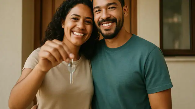 Casal feliz com as chaves da casa nova diante da porta