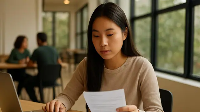 Estudante universitário de ascendência japonesa conferindo o contracheque com uma calculadora