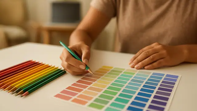 Lápis de cor e amostras de tinta em degradê, com uma pessoa comparando as cores