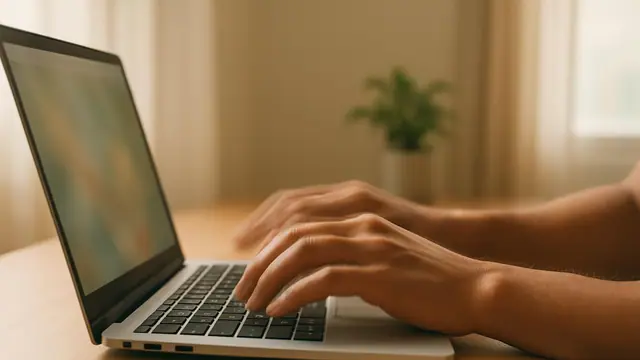 Mãos digitando rápido no teclado do notebook