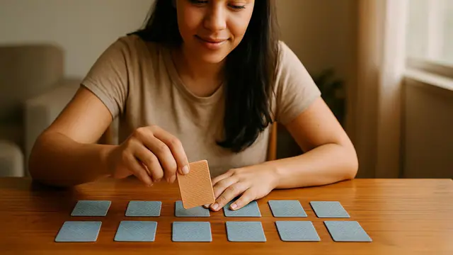 Mulher jogando jogo da memória com cartas viradas numa mesa de madeira