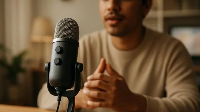 Microfone sobre a mesa com uma pessoa prestes a falar ao fundo