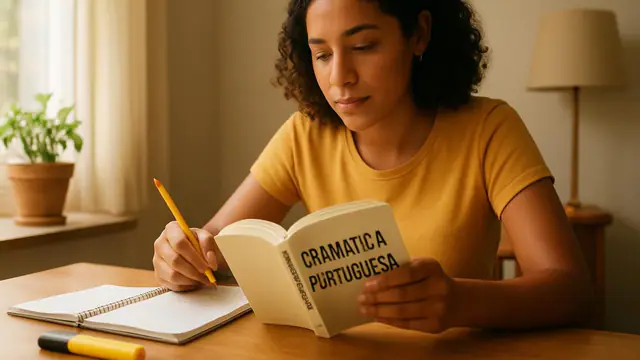 Estudante lendo um livro de gramática com lápis e marca-texto