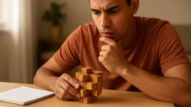 Jovem concentrado resolvendo um quebra-cabeça de lógica de madeira, com lápis e caderno