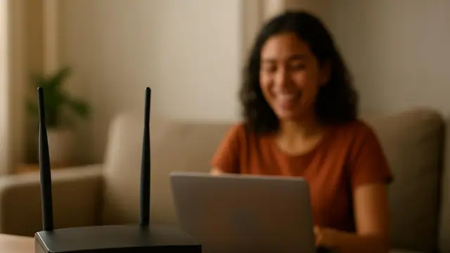 Roteador de Wi-Fi na estante e uma pessoa usando o notebook ao fundo