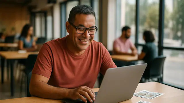 Homem de óculos, de uns cinquenta anos escolhendo fotos no notebook para compartilhar