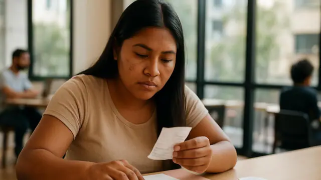 Jovem indígena organizando recibos e notas numa pasta, com calculadora