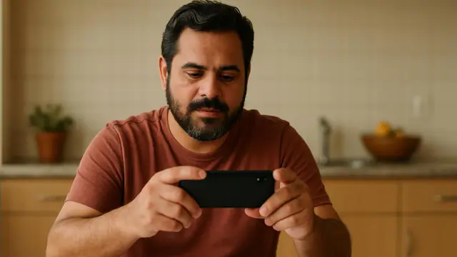 Homem de barba, de uns quarenta anos fotografando documentos com o celular para enviar