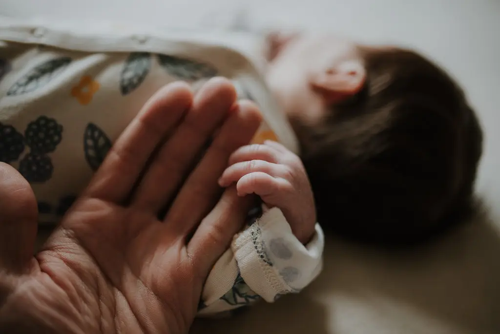 Foto: A close-up captures a hand of an adult gently holding the tiny hand of a sleeping newborn